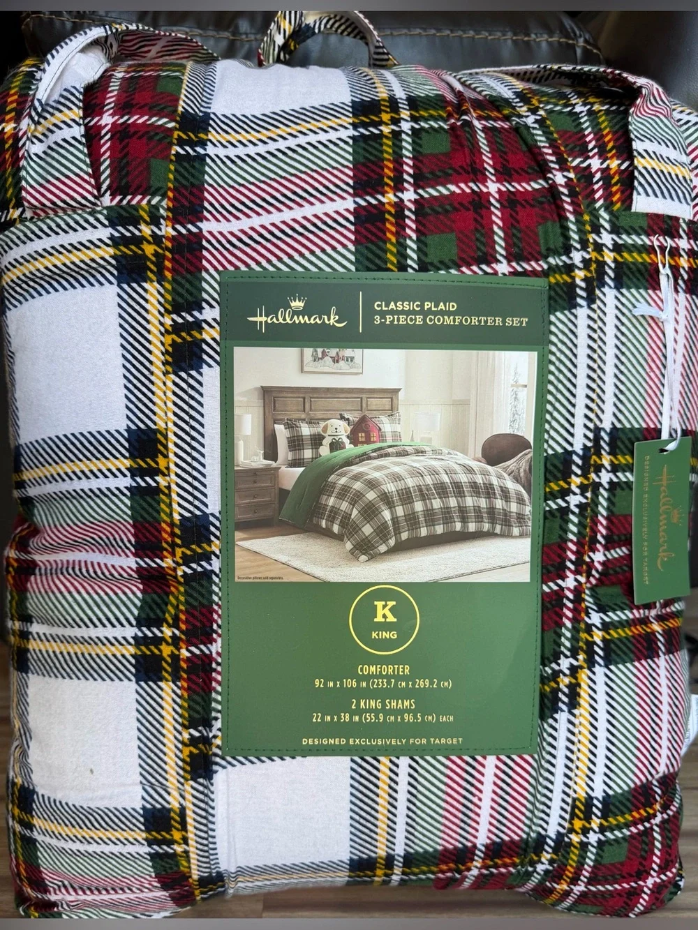Hallmark King Plaid Comforter Set Reversible 3 Piece Christmas Holiday NWT